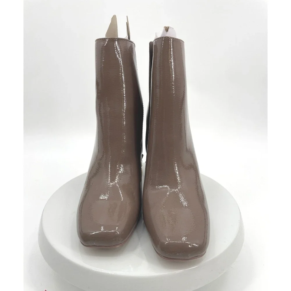 Michael‎ Kors Sterling Ankle Boots Womens 10 Taupe Patent Block Heel Square Toe